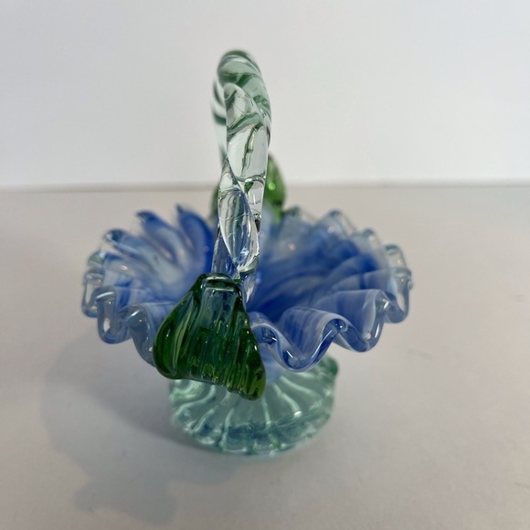 Bohemian Glass Handblown Blue and White Swirl Basket with Ruffled Edge - Picture 3 of 10